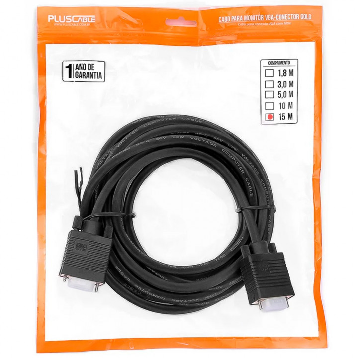 Cabo VGA 15 Metros PlusCable, Com Filtro, Preto - PC-MON15001